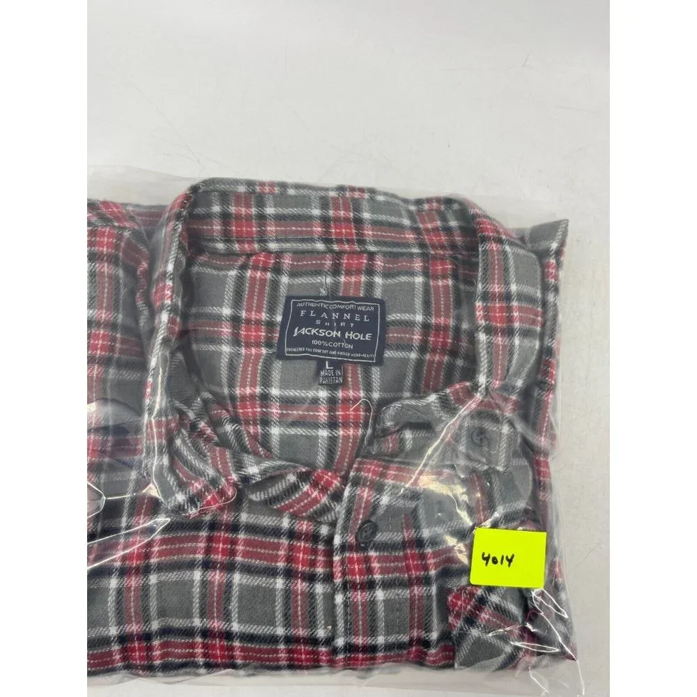 Jackson Hole Men's Gray Red Plaid Flannel Button Down Long Sleeve Shirt Size L